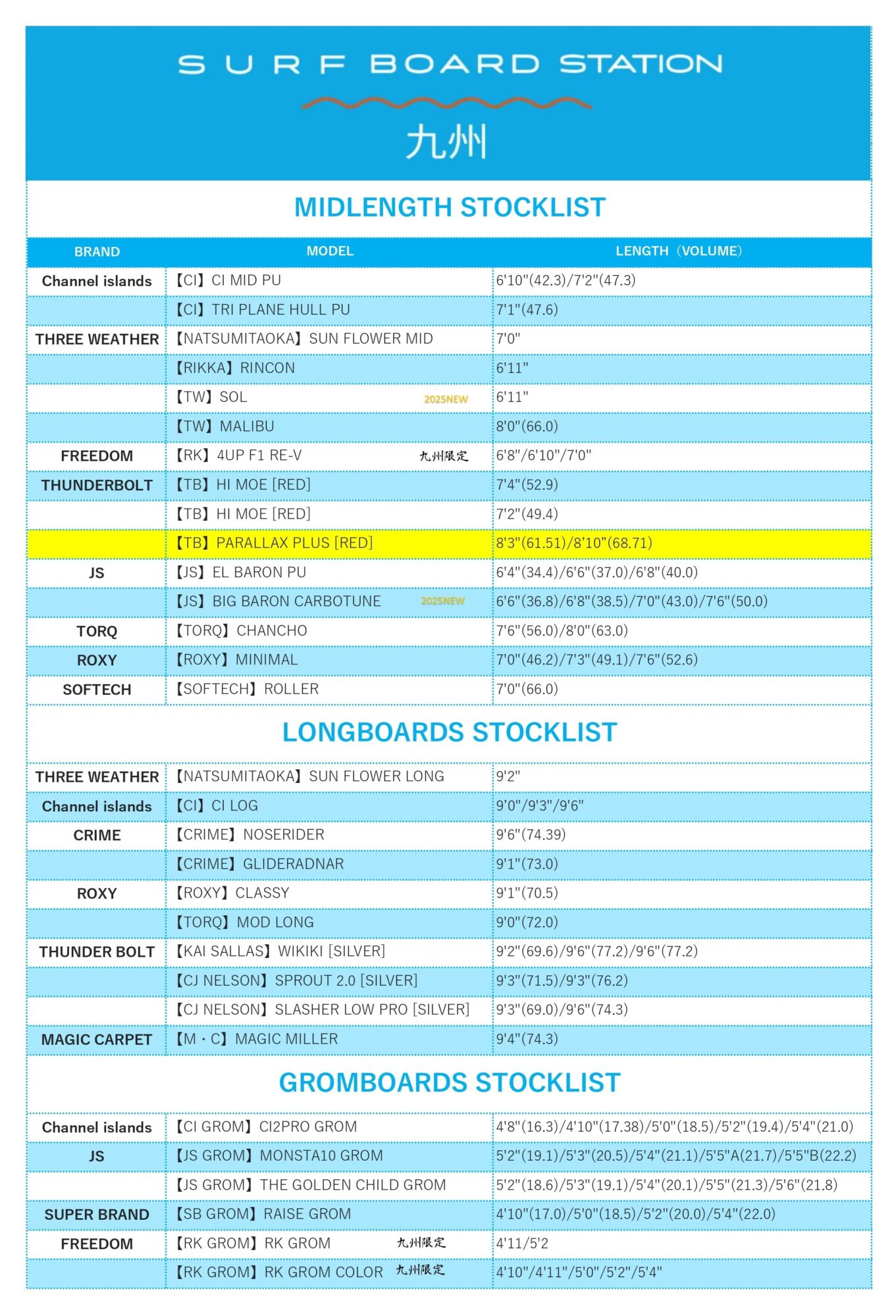 SURFBOARD STATION KYUSYU STOCKLIST MIDLONGGROM_page-0001 - SHOP NEWS | ムラサキスポーツオンラインストア 通販